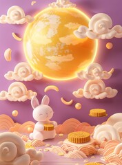 Wall Mural - A cartoon of two rabbits sitting on a moon