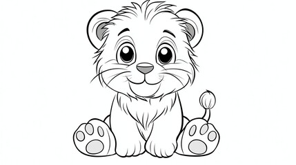 Sticker - A black and white drawing of a cute cartoon lion cub.