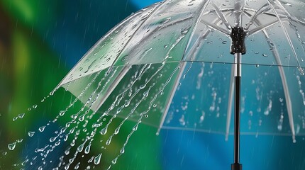 Close-up of a transparent umbrella with water droplets on its surface during rainfall. The black handle and frame are visible, with a blurred green and blue background highlighting the texture of the 