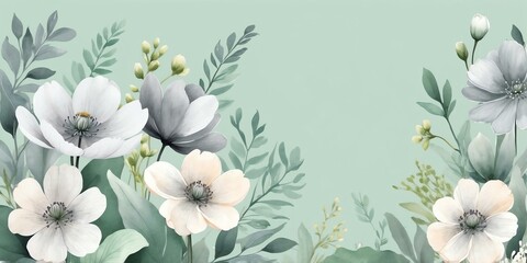 Wall Mural - pretty gray theme flowers on pastel green background, concept for banner, watercolor style