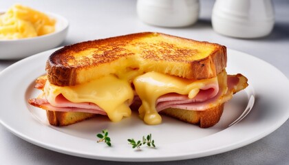 Poster - classic french croque monsieur sandwich with ham and cheese on a white porcelain plate