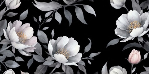 Wall Mural - pretty gray theme flowers on pastel black background, concept for banner, watercolor style