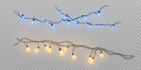 Wall Mural - Christmas bright lights, garlands isolated on transparent background. Set of golden Christmas glowing garlands with sparkles.