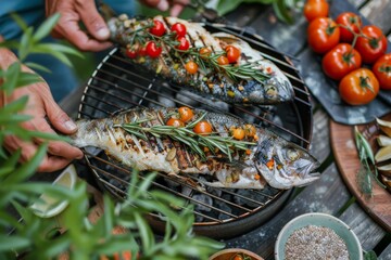 Wall Mural - Grilled fish with herbs and cherry tomatoes