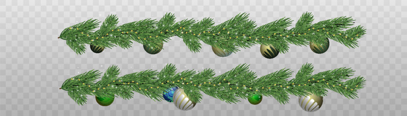 Wall Mural - Christmas fir branches with bright lights of festive garlands and Christmas toys. New Year festive design on a light background. Vector