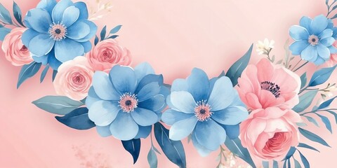 Wall Mural - pretty blue theme flowers on pastel pink background, concept for banner, watercolor style