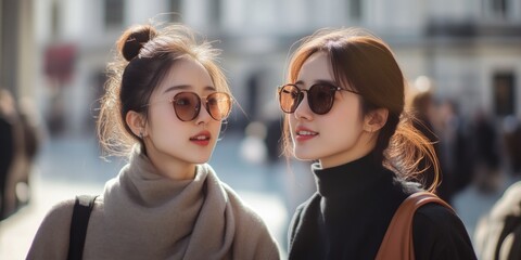 Poster - Two stylish women engage in a lively conversation in the city. They wear trendy sunglasses and casual outfits. This image conveys friendship and urban style. AI