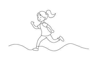 Wall Mural - Little girl running continuous line art isolated flat vector illustration on white background