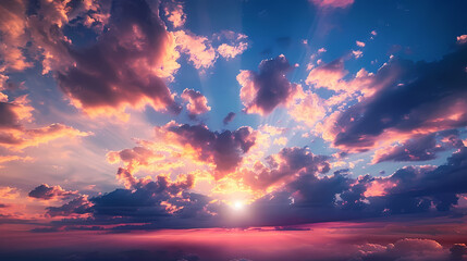 Wide panoramic view of the sunset sky with dark clouds