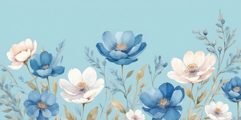 Wall Mural - pretty blue theme flowers on pastel blue background, concept for banner, watercolor style