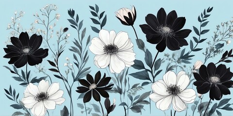 Wall Mural - pretty black theme flowers on pastel blue background, concept for banner, watercolor style