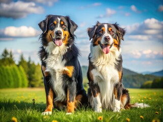 Wall Mural - Two friendly dogs, an Australian Shepherd and a Bernese Mountain Dog, sit side by side on a sunny meadow, showcasing their unique breed characteristics.