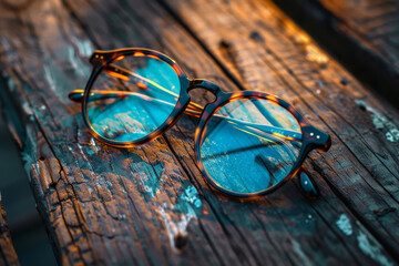 A pair of glasses with blue lenses sit on a wooden surface