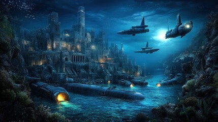 Wall Mural - An underwater city with futuristic submarines and ruins, illuminated by soft blue light.