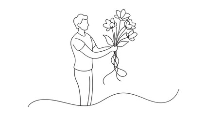 Wall Mural - Flower gift in hands continuous line art isolated on white background