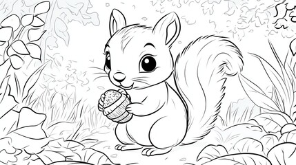 Sticker - A black and white cartoon illustration of a cute squirrel holding a nut.