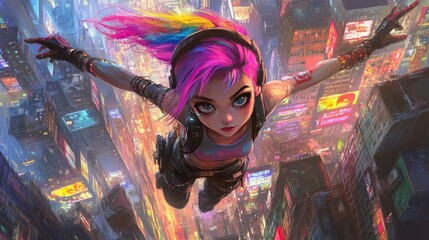 Wall Mural - A vibrant character with rainbow hair is diving through a neon-lit cityscape.