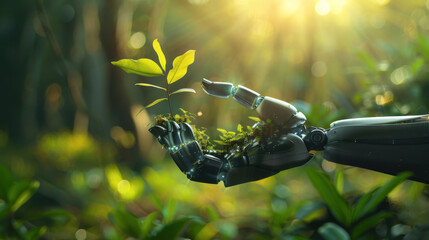 Canvas Print - robot hand holding an emerging plant in a forest, symbolizing environmental protection and artificial intelligence technology for sustainable development with copy space for text