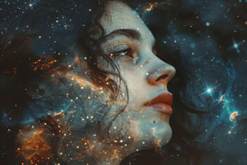 Wall Mural - A woman's face is shown in a painting of a galaxy