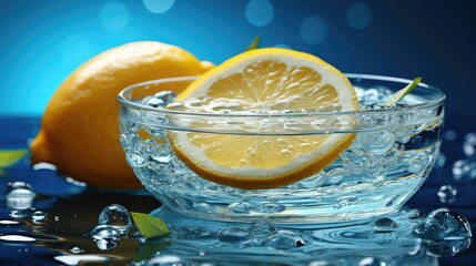 Poster - Lemon and sliced lemon in petri dish blue background with water wave and water drop  