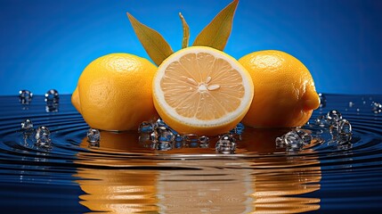 Wall Mural - Lemon and sliced lemon in petri dish blue background with water wave and water drop ,  