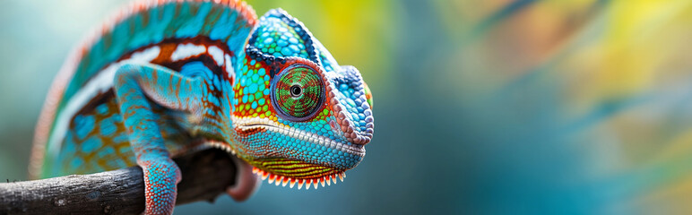 Minimal banner with vibrant close-up of a colorful chameleon with detailed textured skin