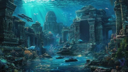 Wall Mural - An underwater scene showcasing ancient ruins teeming with marine life and vibrant coral.