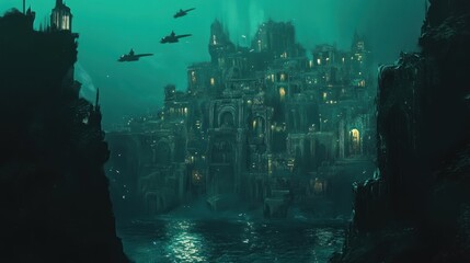 Wall Mural - A submerged city illuminated in an aquatic environment, evoking mystery and exploration.