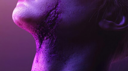 A close-up of a neck with textured skin, illuminated with vibrant purple hues, creating an artistic and surreal atmosphere.