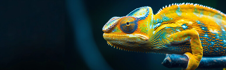 Vibrant yellow and blue chameleon perched on a branch with dark background