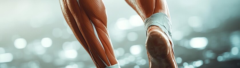 Close-up of athletic legs showcasing strength and power during a dynamic movement in a vibrant and energetic setting.