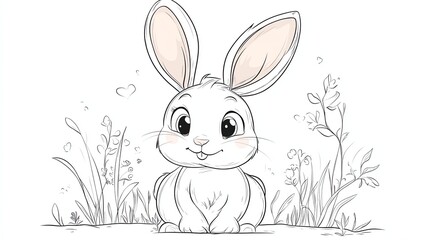 Wall Mural - A black and white illustration of a cute cartoon bunny with big eyes.