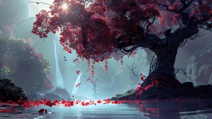 Wall Mural - Enchanted Forest: A Dreamy Landscape with Red Leaves and a Magical Tree