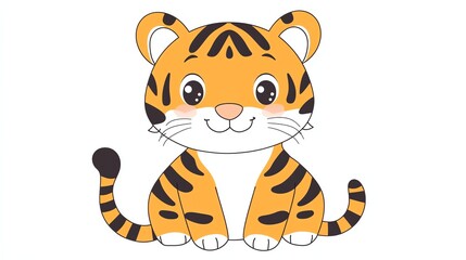 Wall Mural - A cute cartoon tiger with black stripes and big eyes is sitting.