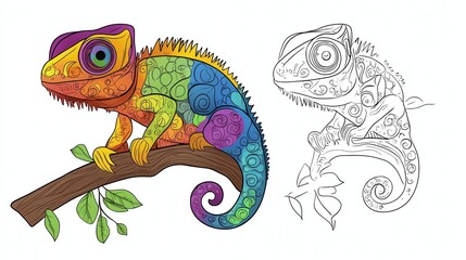 Wall Mural - A black and white line art drawing of a chameleon, and a colored illustration of a chameleon.