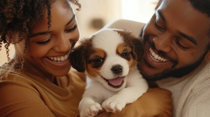 A family surrounding their new puppy, smiling and laughing as the puppy explores its new home