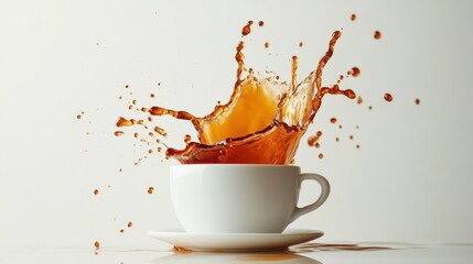 Close up Dynamic splash of coffee erupts from a white cup on a white background. Ai generated image