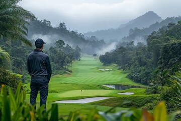 A golfer stands on a green overlooking a golf course with a lush, green valley in the background. The morning fog swirls around the hills, creating a sense of mystery and tranquility.