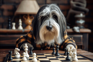 Wall Mural - bearded collie with chess