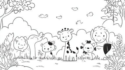 Sticker - A black and white drawing of a cartoon jungle scene with animals.