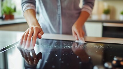 A person cleaning a modern kitchen countertop while preparing for meal preparation during the morning hours in a bright home