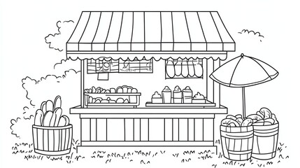 Wall Mural - Black and white illustration of a food vendor stand with a striped awning.