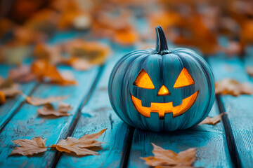 Scary Halloween jack o' lantern pumpkin with a cut out face on wooden boards on a dark blue background with fog