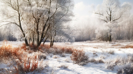 frost covered trees in the forest in winter on a sunny day