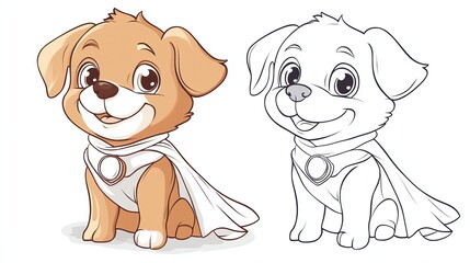 Wall Mural - A black and white drawing of a cute cartoon puppy wearing a cape, and a colored illustration of the same puppy.