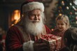 © miss_fortuna - A Father Christmas giving gifts to children in a cozy living room. Generative AI