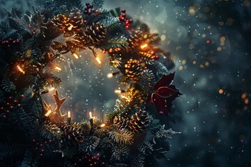 Wall Mural - festive christmas wreath with pine cones and lights