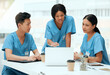 © peopleimages.com - Meeting, people and diversity with laptop as medical students in teamwork, internship or clinic. Group, discussion and confidence in hospital on tech for health, review and feedback in brainstorming