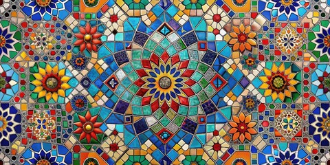 Vibrant geometric shapes and colorful tiles arranged in a customizable template for creating stunning mosaic designs, perfect for artistic and decorative projects.