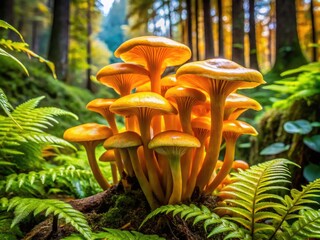 Vibrant golden trumpet mushrooms growing in a lush, moss-covered forest, their delicate caps and stems glistening with dew, surrounded by ferns and fallen leaves.